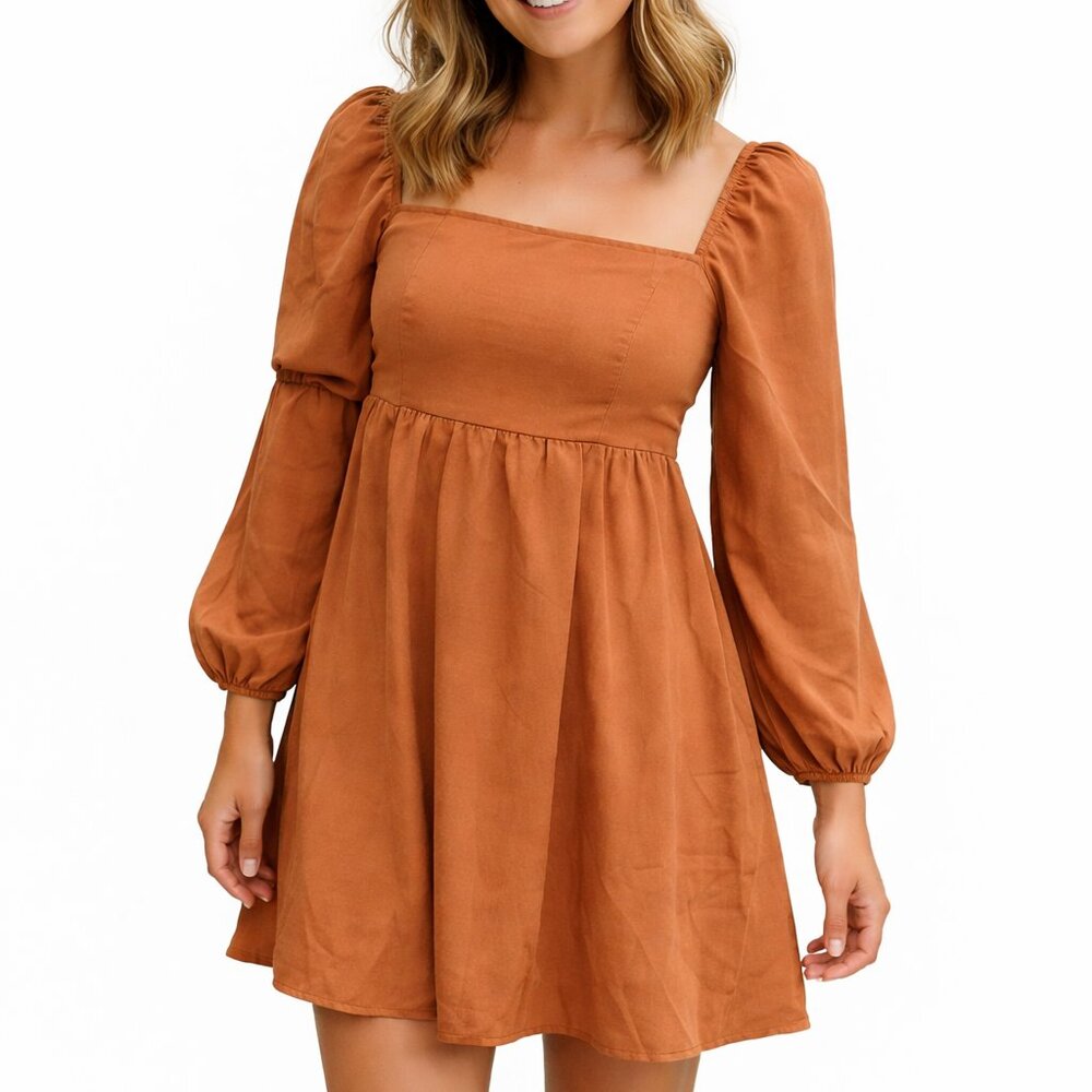 Exlura Burnt Orange Puff Sleeve Midi Dress Sculptural Romantic Whimsigoth XXL